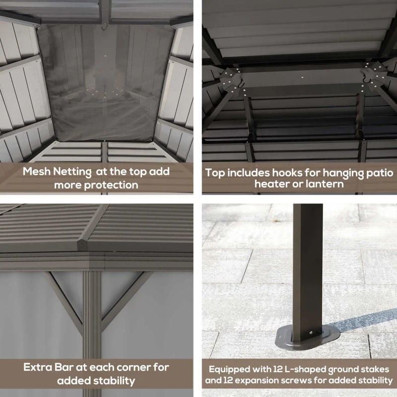 Outsunny 10' x 12' Hardtop Gazebo Canopy with Galvanized Steel Double Roof, Aluminum Frame, Outdoor Permanent Pavilion with Top Hooks, Netting and Curtains for Patio, Garden, Backyard, Gray