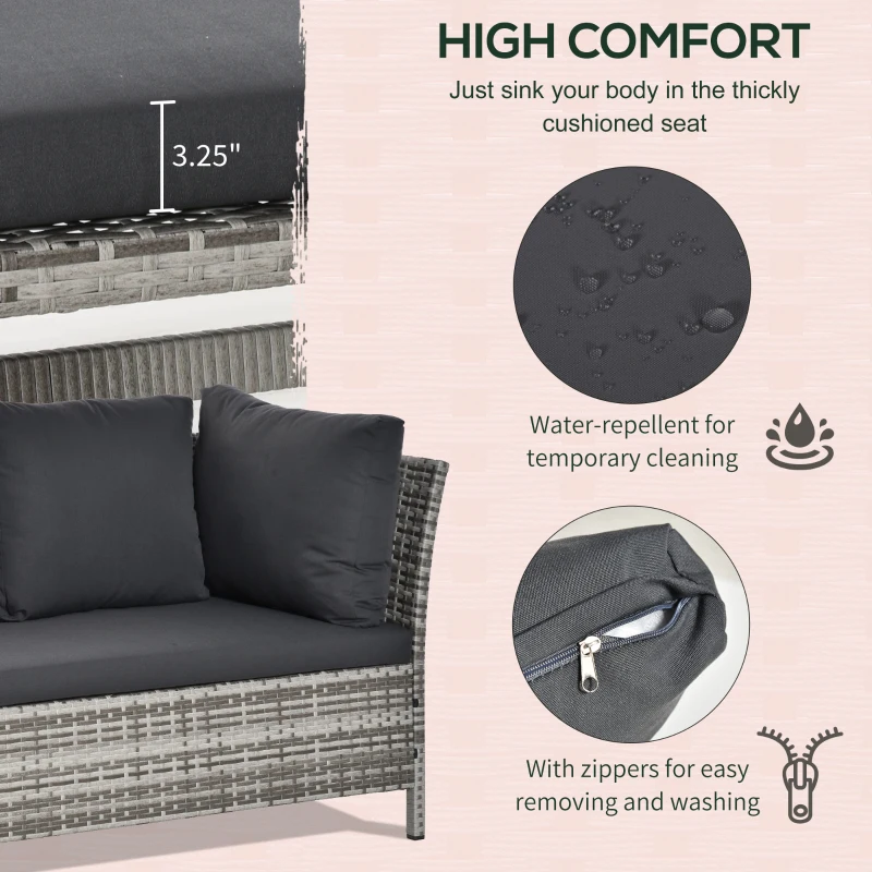 Outsunny 4 Pieces Patio Wicker Dining Sets, Outdoor PE Rattan Sectional Conversation Set with Cushions & Dining Table, Bench for Garden, Backyard, Lawn, Charcoal Gray