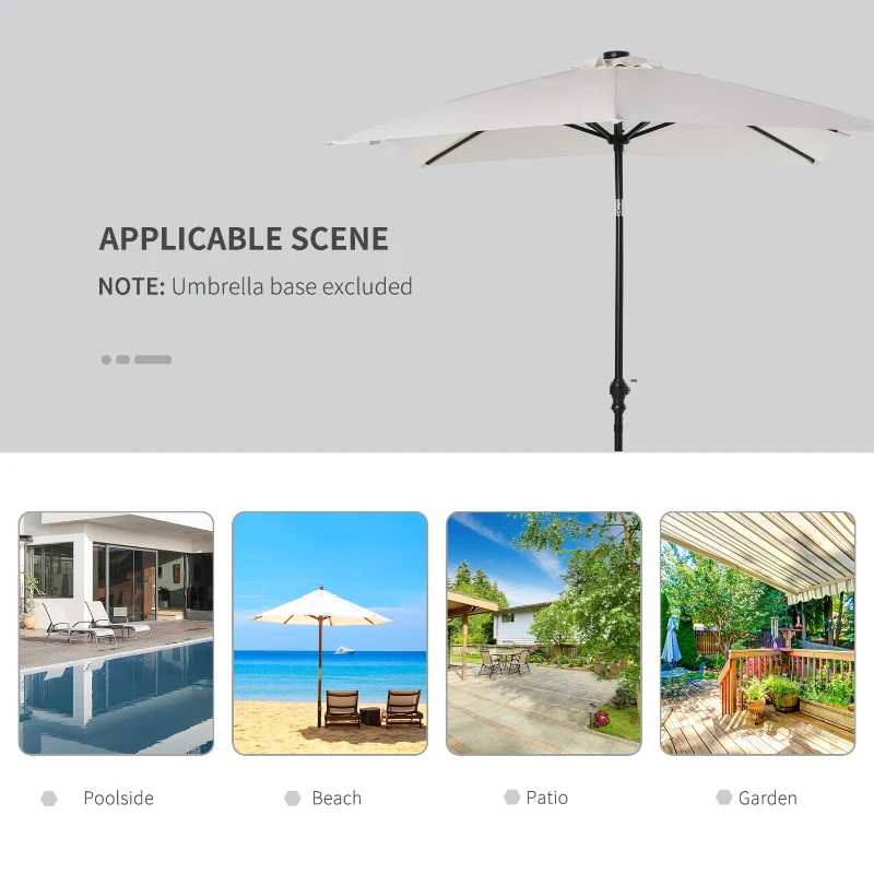 Outsunny 9' x 7' Patio Umbrella Outdoor Table Market Umbrella with Crank, Solar LED Lights, 45° Tilt, Push-Button Operation, for Deck, Backyard, Pool and Lawn, White