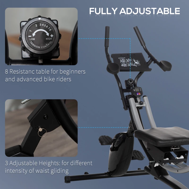 Soozier Ab Machine and Exercise Bike, Multi-functional Ab Workout Equipment Side Shaper w/ Three Adjustable Heights, 8-Level Adjustable Resistance and Two Wheels for Home Gym Strength Training
