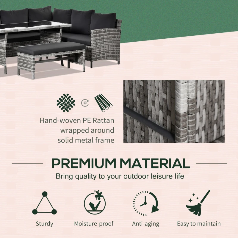 Outsunny 4 Pieces Patio Wicker Dining Sets, Outdoor PE Rattan Sectional Conversation Set with Cushions & Dining Table, Bench for Garden, Backyard, Lawn, Charcoal Gray
