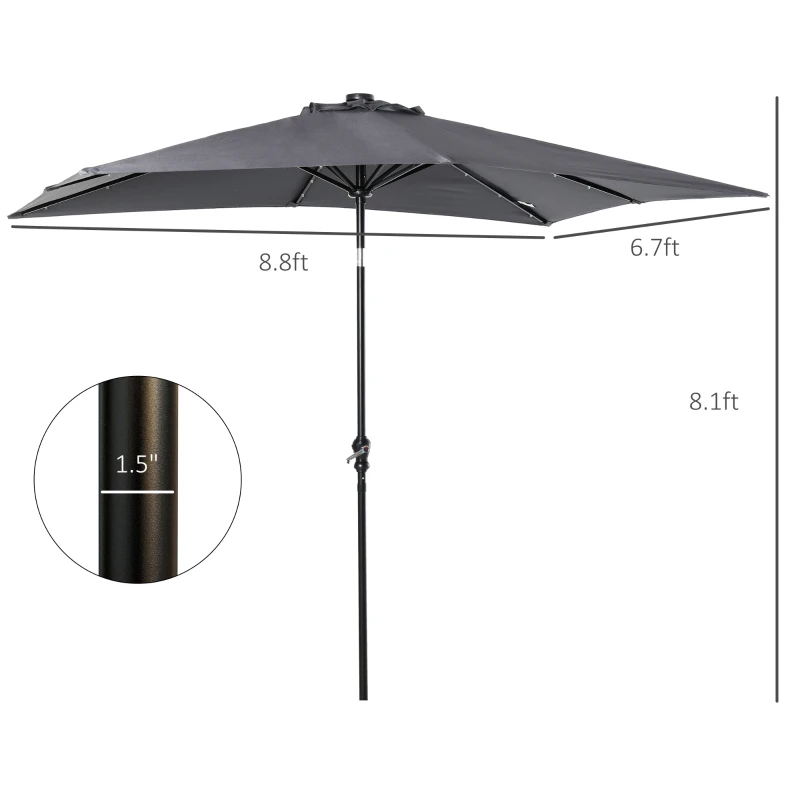 Outsunny 9'x7' LED Patio Umbrella - Solar Powered Outdoor Market Shade w/ Tilt Adjustment, Dark Grey