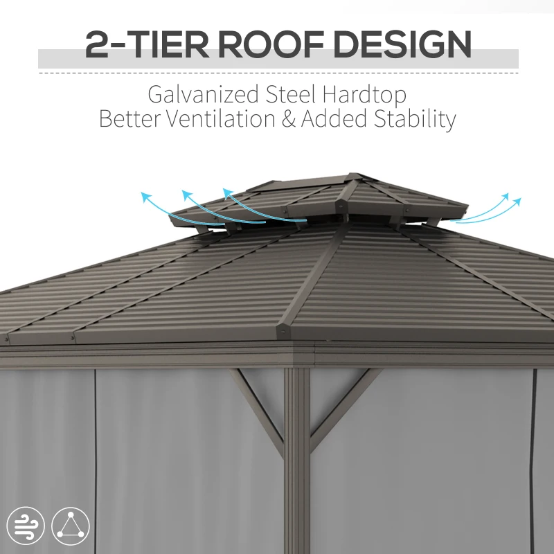 Outsunny 10' x 12' Hardtop Gazebo Canopy with Galvanized Steel Double Roof, Aluminum Frame, Outdoor Permanent Pavilion with Top Hooks, Netting and Curtains for Patio, Garden, Backyard, Gray