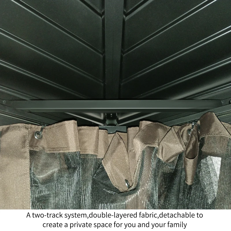 Outsunny 10' x 10' Hardtop Gazebo with Curtains and Netting, Permanent Pavilion Metal Double Roof Gazebo Canopy with Aluminum Frame and Hooks, for Garden, Patio, Backyard, Brown