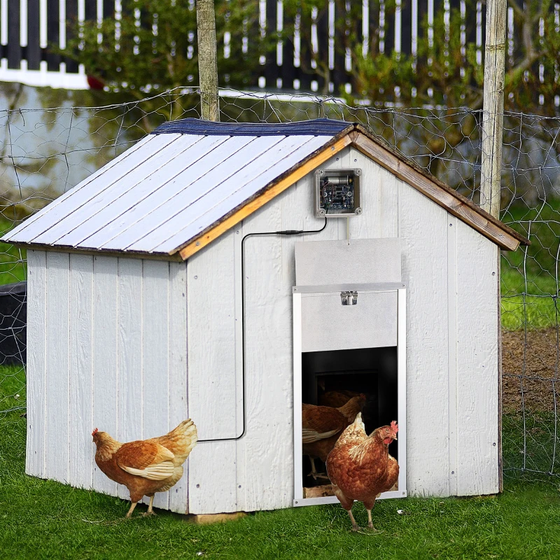 PawHut Automatic Chicken Coop Door with Timer & Light Sensor, Multi-modes Weatherproof Chicken Door with Full Aluminum Body, 6V DC Power Supply/Battery Powered, Silver