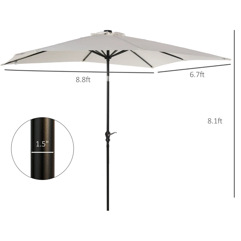 Outsunny 9' x 7' Patio Umbrella Outdoor Table Market Umbrella with Crank, Solar LED Lights, 45° Tilt, Push-Button Operation, for Deck, Backyard, Pool and Lawn, White