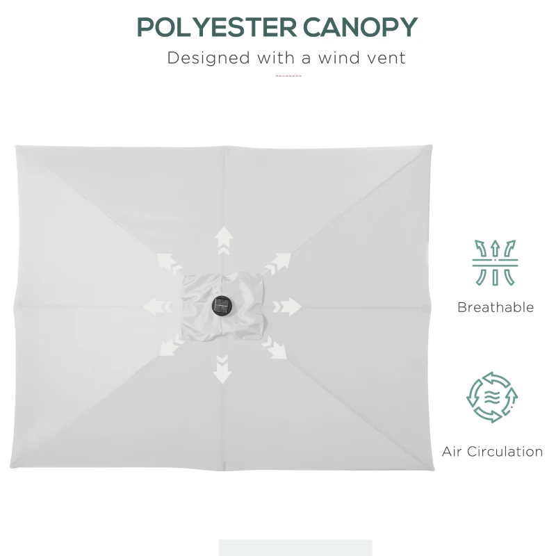 Outsunny 9' x 7' Patio Umbrella Outdoor Table Market Umbrella with Crank, Solar LED Lights, 45° Tilt, Push-Button Operation, for Deck, Backyard, Pool and Lawn, White