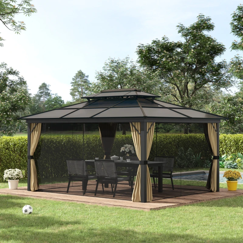 Outsunny 11' x 15' Hardtop Gazebo Canopy with Polycarbonate Roof, Aluminum Frame, Permanent Pavilion Outdoor Gazebo with Netting, for Patio, Garden, Backyard, Deck, Lawn, Beige