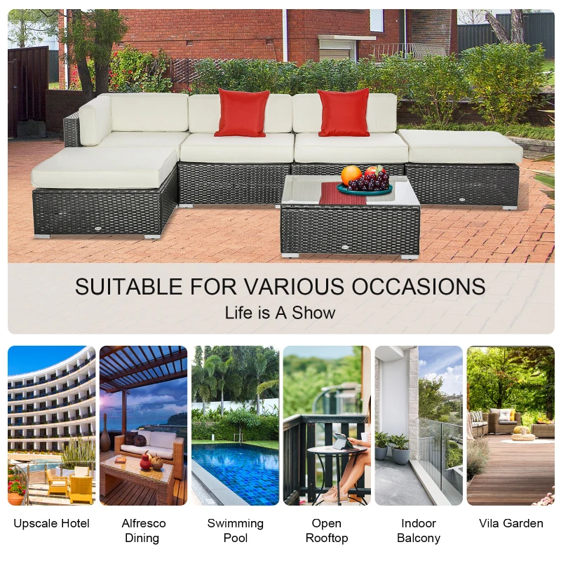 Outsunny 6 Pieces Wicker Patio Furniture Set with Thick Cushions, Deluxe Outdoor All-Weather Resistant PE Rattan Sectional Conversation Sofa Set with Glass Top Table, Beige