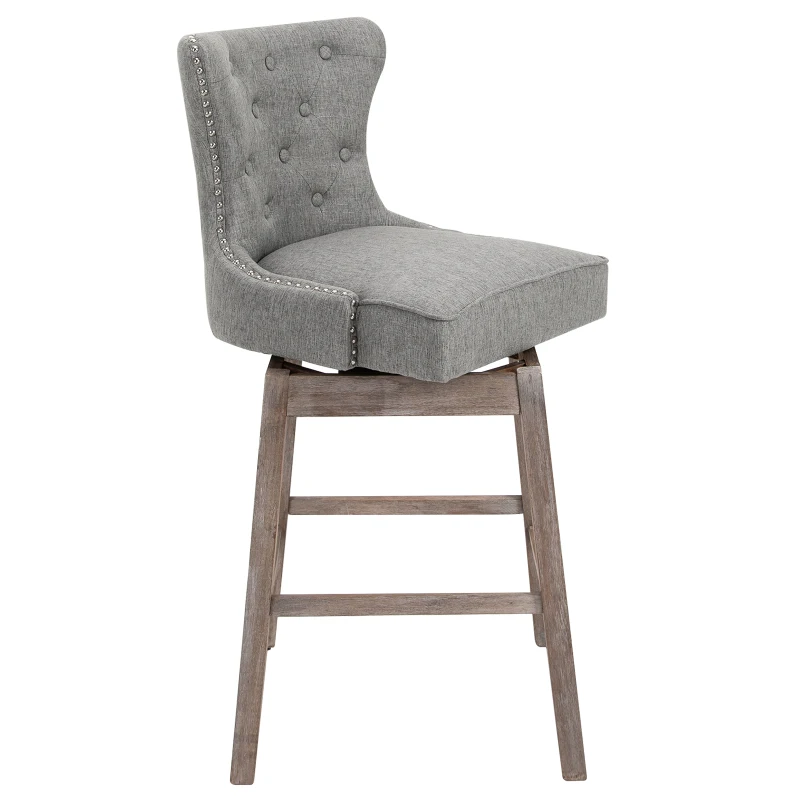 HOMCOM Upholstered Fabric Bar Height Bar Stools Set of 2, 180° Swivel Nailhead-Trim Pub Chairs, 30" Seat Height with Rubber Wood Legs, Grey