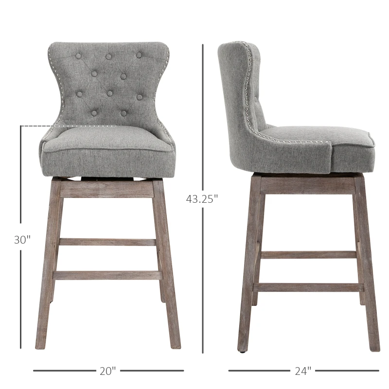 HOMCOM Upholstered Fabric Bar Height Bar Stools Set of 2, 180° Swivel Nailhead-Trim Pub Chairs, 30" Seat Height with Rubber Wood Legs, Grey