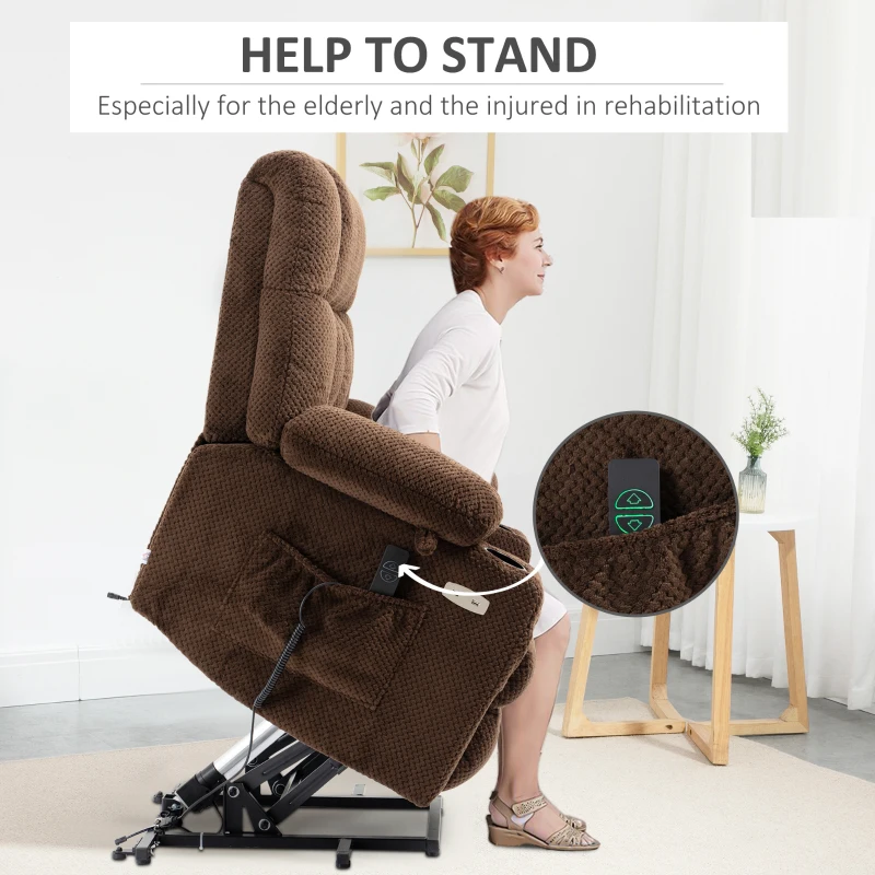 HOMCOM Power Lift Chair, Fabric Upholstered Recliner for Elderly with USB Ports, Cup Holders, Remote Control, and Side Pockets, Brown
