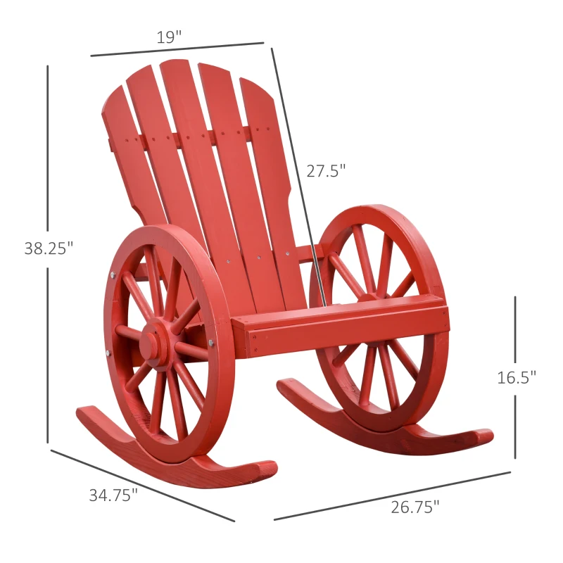Outsunny Wooden Rocking Chair, Adirondack Rocker Chair w/Slatted Design and Oversized Back, Outdoor Rocking Chair with Wagon Wheel Armrest for Porch, Poolside, and Garden, Red