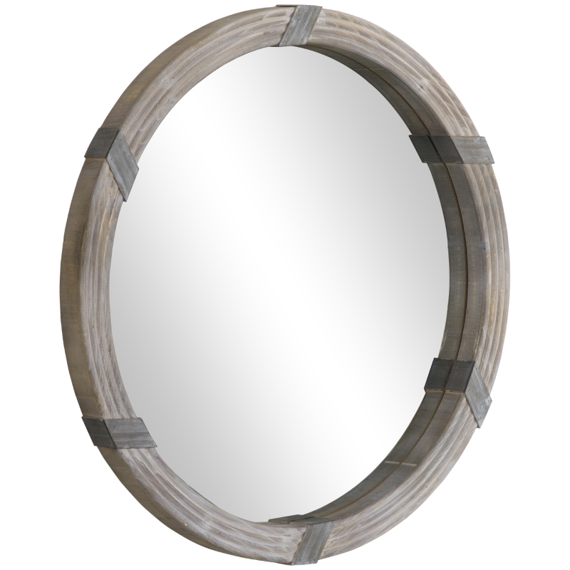 HOMCOM 31" Wood Wall Mirror, Round Mirror for Wall, Natural Wood Color