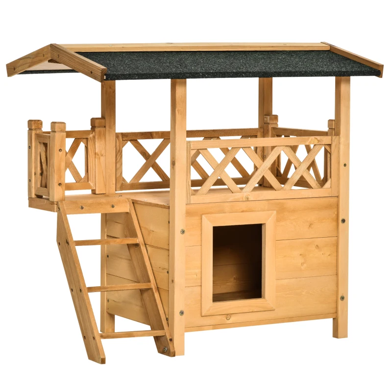 PawHut Wooden Cat House, 2-Floor Feral Cat Shelter, Kitten Condo Outdoor with Balcony, Stairs, Asphalt Roof, Natural