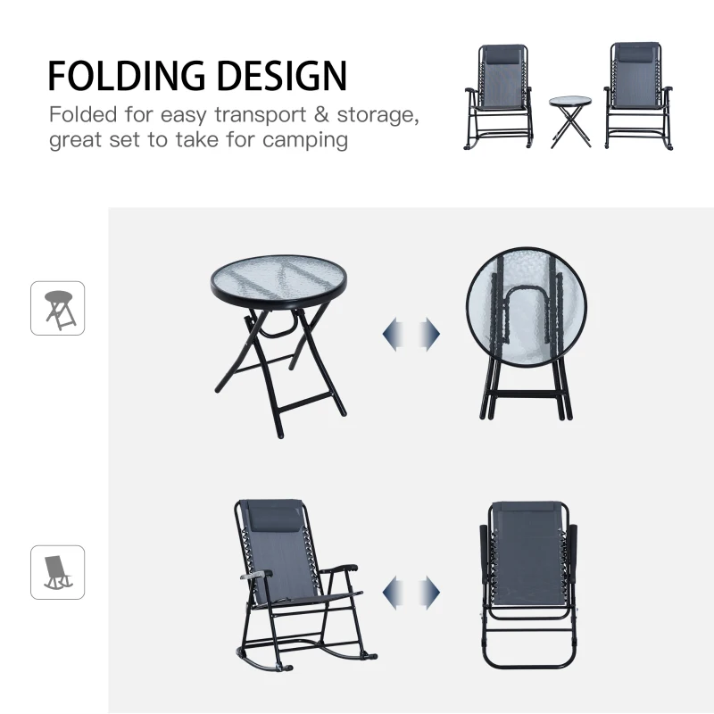 Outsunny Outdoor Folding Rocking Chair Patio Table Seating Set, 2 Rocking Chairs with Armrests and 1 Side Table with Tempered Glass - Gray