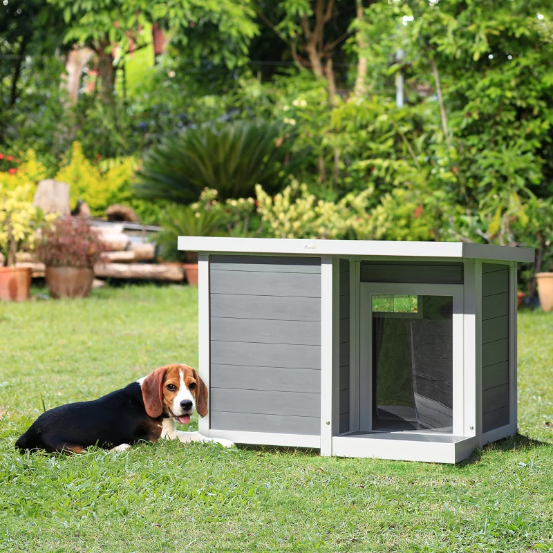 PawHut Outdoor Indoor Dog House with Openable Top, Weather Resistant Dog Kennel with Porch, Pet Furniture for Small and Medium Sized Dogs, Gray