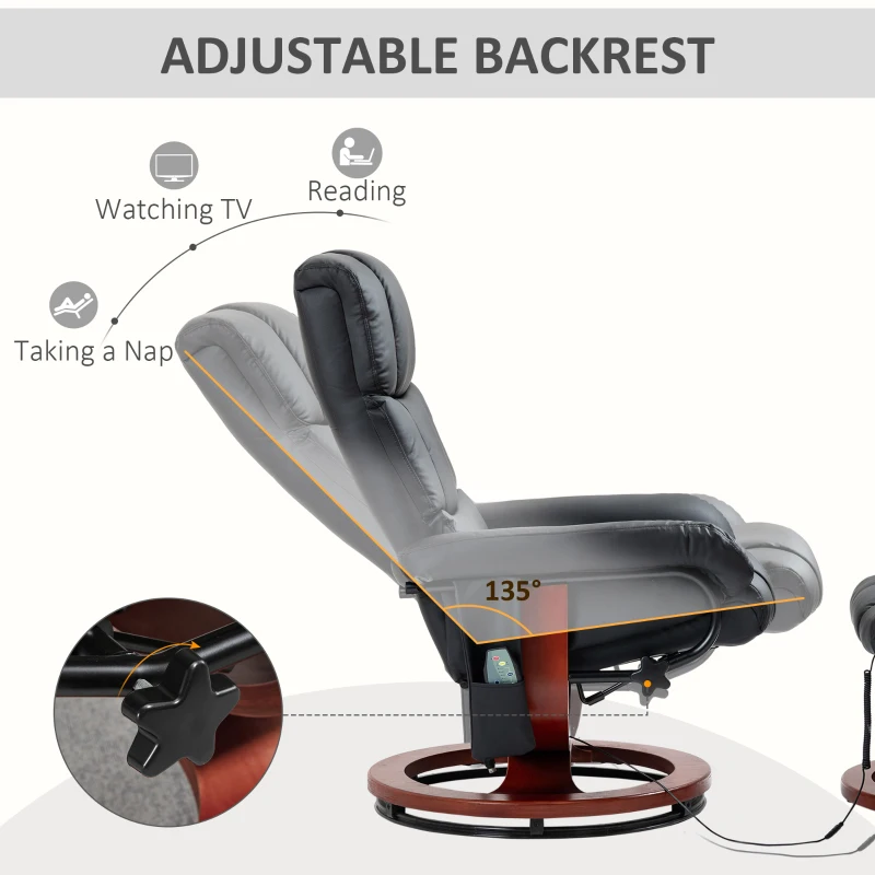 HOMCOM Recliner Chair with Ottoman, Electric Faux Leather Recliner with 10 Vibration Points and 5 Massage Mode, Reclining Chair with Swivel Wood Base, Remote Control and Side Pocket, Black