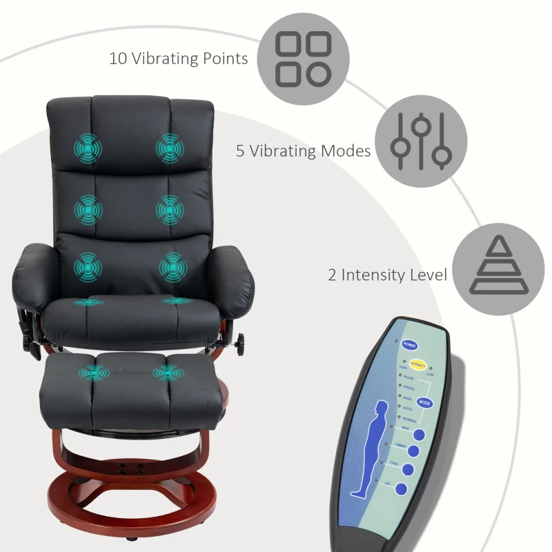 HOMCOM Recliner Chair with Ottoman, Electric Faux Leather Recliner with 10 Vibration Points and 5 Massage Mode, Reclining Chair with Swivel Wood Base, Remote Control and Side Pocket, Black