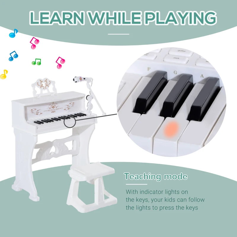Qaba 37-Key Kids Princess Electronic Piano Toddler Toy Keyboard with Stool, MP3, Record, Light and Microphone for 3 years+, White