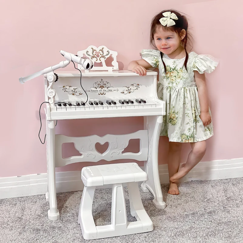 Qaba 37-Key Kids Princess Electronic Piano Toddler Toy Keyboard with Stool, MP3, Record, Light and Microphone for 3 years+, White