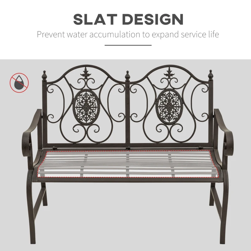 Outsunny 47" 2-Person Metal Garden Bench Outdoor Loveseat Yard Decorative Chair Park Seat Patio Furniture Brown