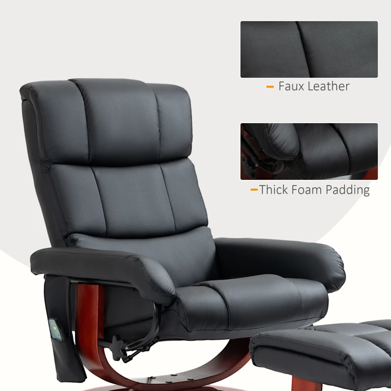 HOMCOM Recliner Chair with Ottoman, Electric Faux Leather Recliner with 10 Vibration Points and 5 Massage Mode, Reclining Chair with Swivel Wood Base, Remote Control and Side Pocket, Black