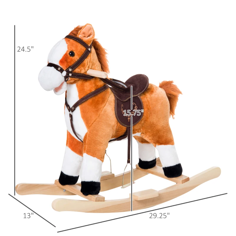 Qaba Kids Plush Toy Rocking Horse, Wooden Ride-on Chair, Plush Animal Rocker with Realistic Sounds and Moving Tail for Toddlers, Brown