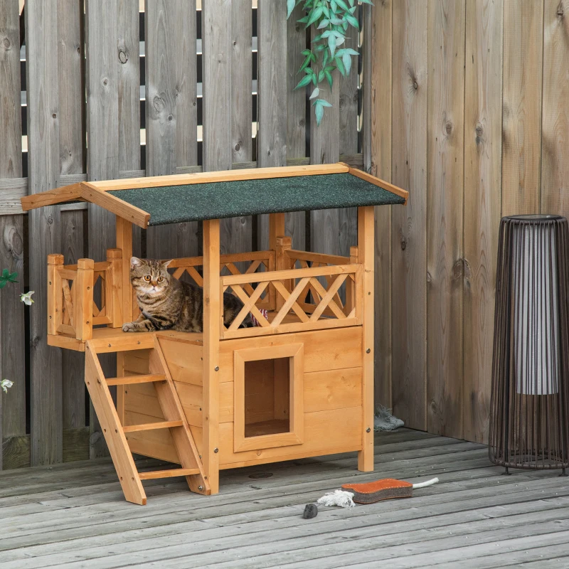 PawHut Wooden Cat House, 2-Floor Feral Cat Shelter, Kitten Condo Outdoor with Balcony, Stairs, Asphalt Roof, Natural