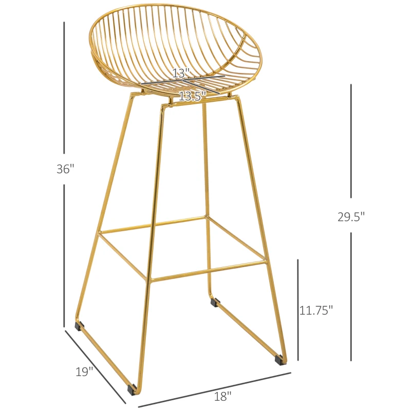 HOMCOM Modern Bar Stools Set of 2, Bar Height Barstools, 29.5" Seat Height Bar Chairs for Kitchen, Pub with Backrest and Footrest, Steel Frame, Gold