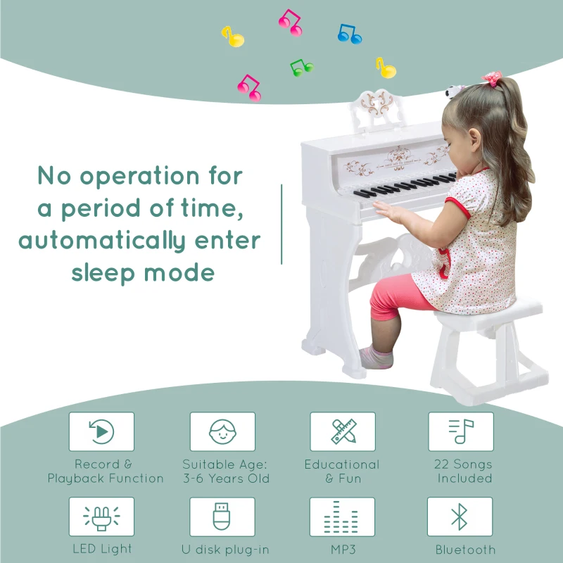 Qaba 37-Key Kids Princess Electronic Piano Toddler Toy Keyboard with Stool, MP3, Record, Light and Microphone for 3 years+, White