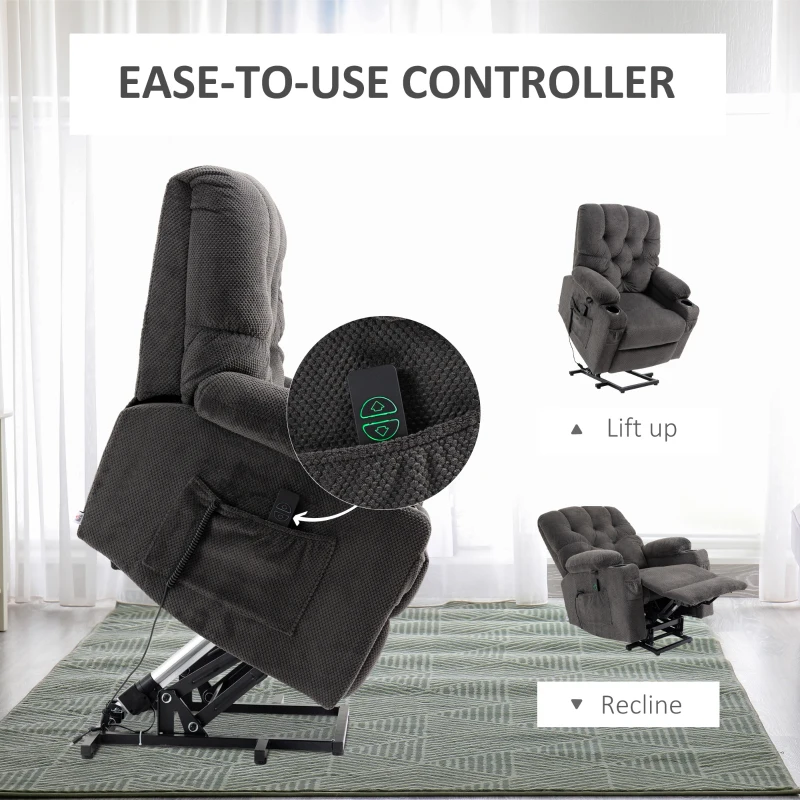 HOMCOM Power Lift Chair, Fabric Tufted Recliner Sofa Chair for Elderly with Cup Holders, Remote Control, and Side Pockets, Dark Grey