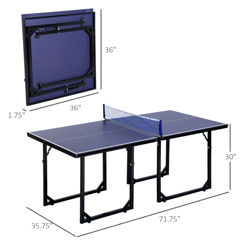 Soozier 72" Compact Folding Multi-Use Indoor / Outdoor Table Tennis Table With Net And Post Set, Blue