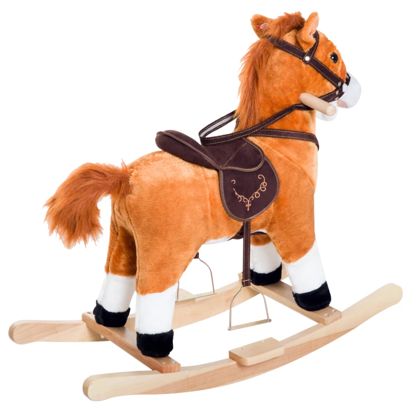 Qaba Kids Plush Toy Rocking Horse, Wooden Ride-on Chair, Plush Animal Rocker with Realistic Sounds and Moving Tail for Toddlers, Brown