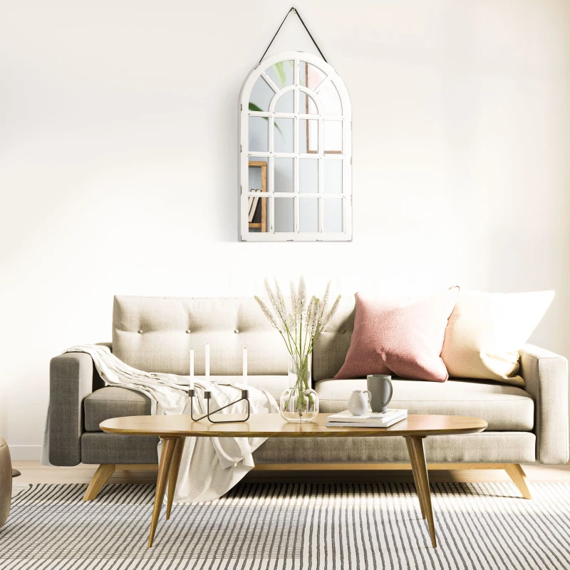 HOMCOM 43" x 27.5" Large Wall Mirror, Arch Window Mirror for Wall Decor in Living Room, Bedroom, Entryway, Rustic White