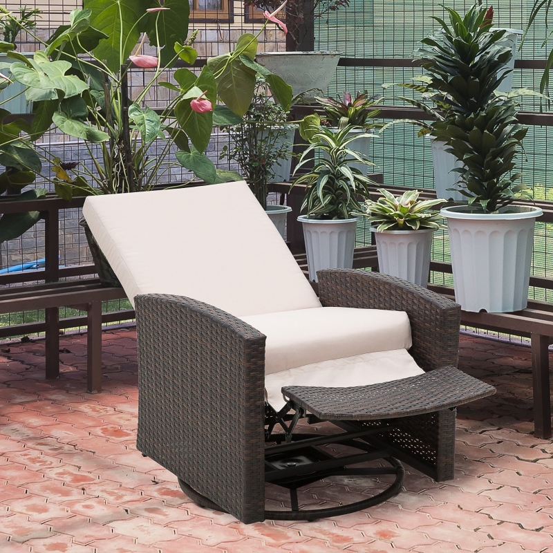 Outsunny Deluxe Swivel Rattan Wicker Sofa Chair Reclining Lounge Outdoor Patio Furniture with Cushion, Brown/Kaki