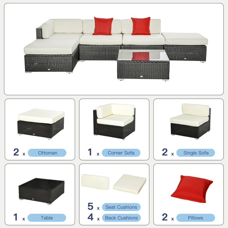 Outsunny 6 Pieces Wicker Patio Furniture Set with Thick Cushions, Deluxe Outdoor All-Weather Resistant PE Rattan Sectional Conversation Sofa Set with Glass Top Table, Beige