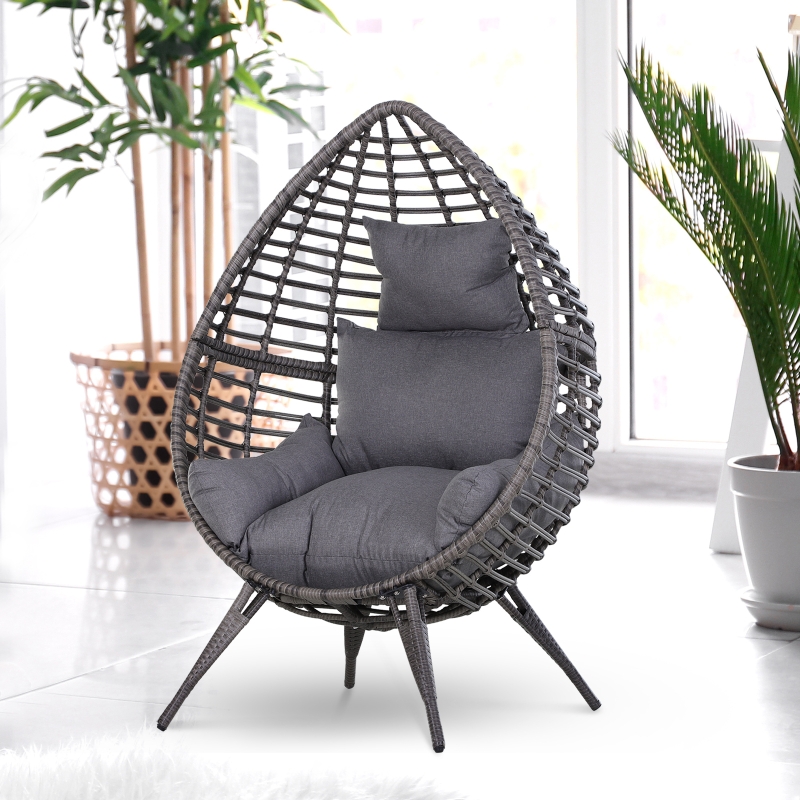 Outsunny Egg Chair Rattan Wicker Lounge Chair 352lbs Capacity with Soft Cushion, Outdoor/Indoor with Height Adjustable Knob, Grey