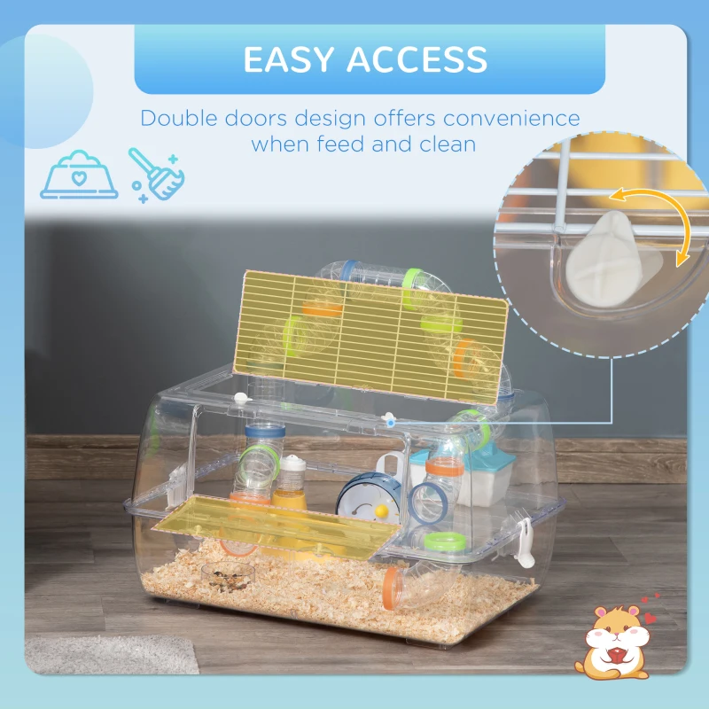 PawHut Hamster Cage, 2-Level Small Animal Habitat with Accessories Tube Tunnels, Exercise Wheel, Water Bottle, Food Dish, Hut, 22" x 15" x 12.5", Clear