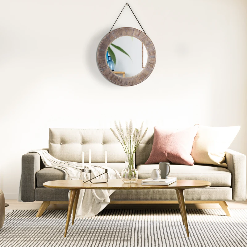 HOMCOM 31" Farmhouse Wood Wall Mirror, Decorative Round Mirror for Wall Decor in Living Room, Bedroom, Rustic Brown