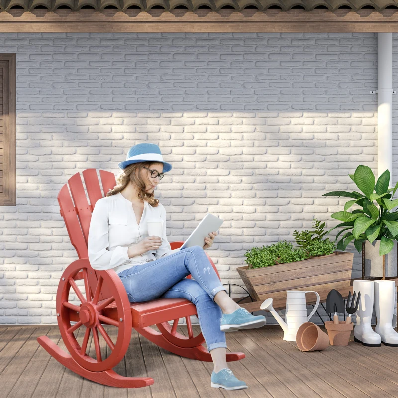 Outsunny Wooden Rocking Chair, Adirondack Rocker Chair w/Slatted Design and Oversized Back, Outdoor Rocking Chair with Wagon Wheel Armrest for Porch, Poolside, and Garden, Red