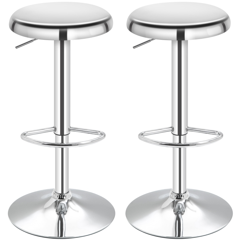 HOMCOM Adjustable Bar Stools, Set of 2, Modern Swivel Barstool with Footrest, Stainless Steel Round Top, Silver