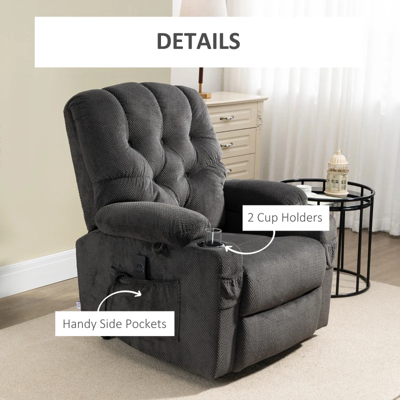 HOMCOM Power Lift Chair, Fabric Tufted Recliner Sofa Chair for Elderly with Cup Holders, Remote Control, and Side Pockets, Dark Grey