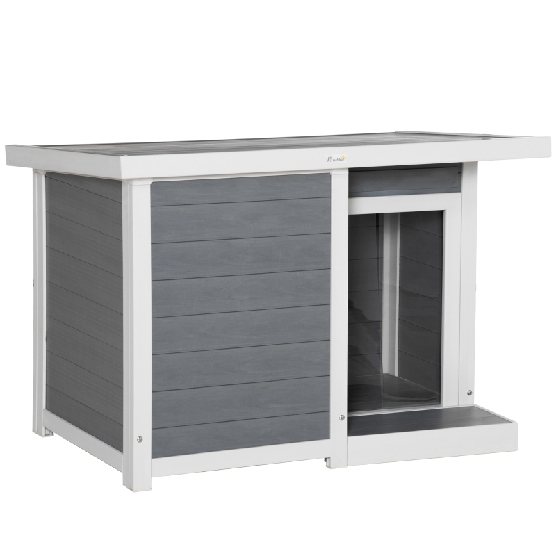 PawHut Outdoor Dog House, Cabin Style Pet Home Cottage, Weather Resistant, with Raised Feet, Terrace, Openable Top, PVC Curtain, for Medium Sized Dog, Grey