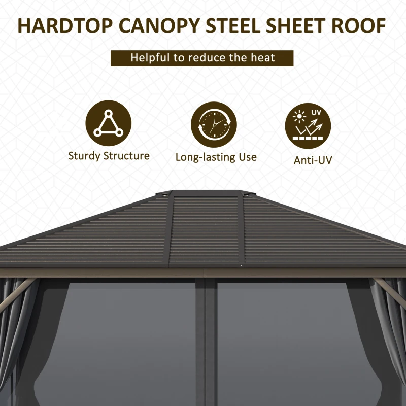 Outsunny 10'x12' Hardtop Gazebo with Mesh Curtains, Steel Slat Canopy, Outdoor Shelter for Patio, Garden, Dark Grey
