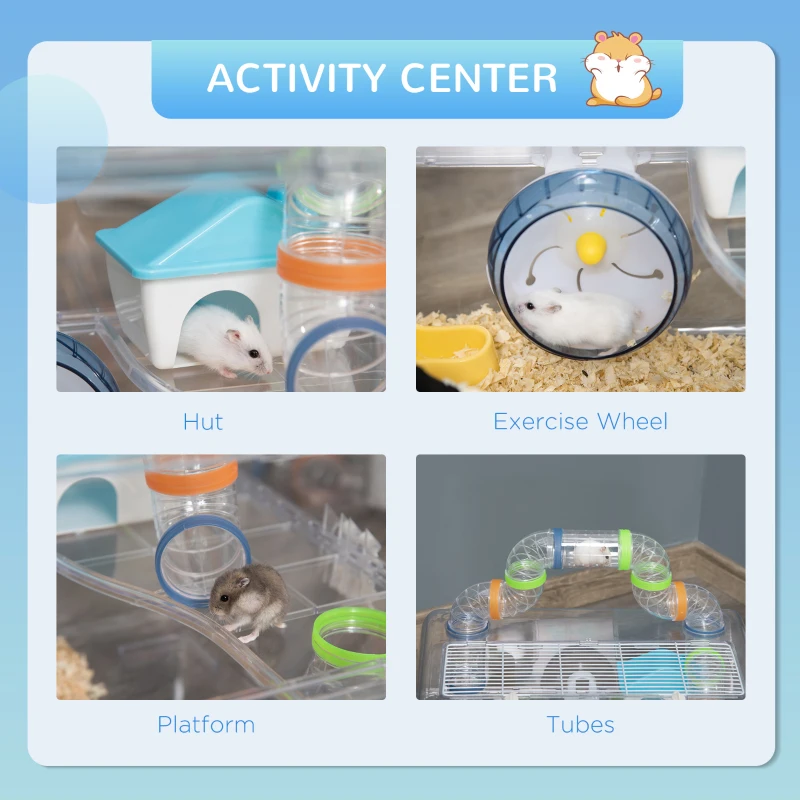 PawHut Hamster Cage, 2-Level Small Animal Habitat with Accessories Tube Tunnels, Exercise Wheel, Water Bottle, Food Dish, Hut, 22" x 15" x 12.5", Clear