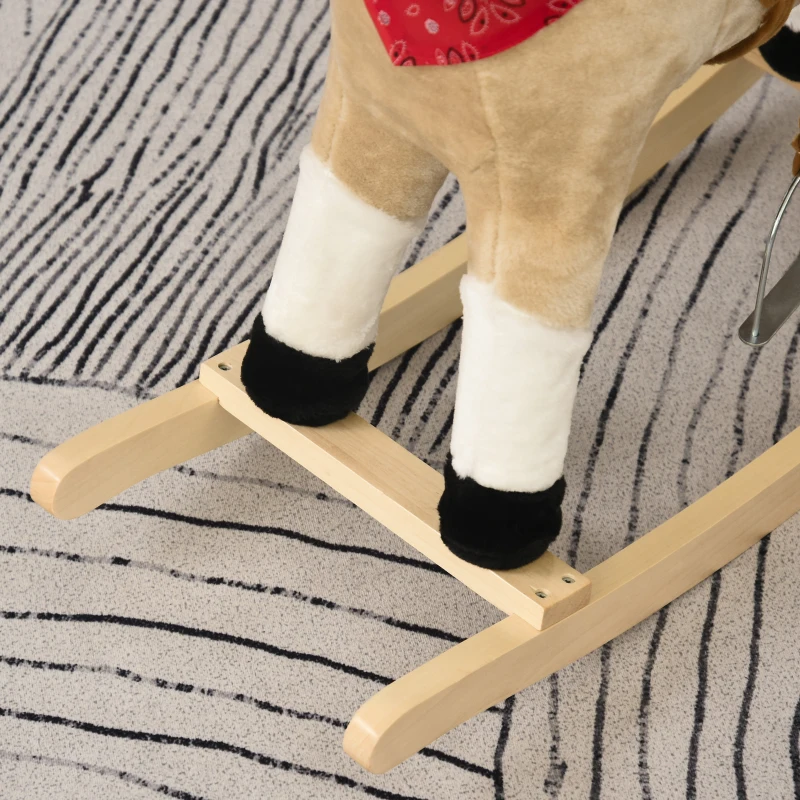 Qaba Kids Plush Rocking Horse - Beige Cowboy Rocker with Realistic Sounds, Fun & Safe Ride-on Toy for Toddlers