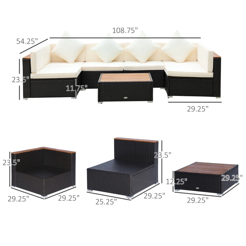 Outsunny 7-Piece Patio Furniture Sets PE Rattan Sectional Sofa Set Outdoor Conversation Set w/ Acacia Top Coffee Table & Cushion for Garden, Backyard, Beige