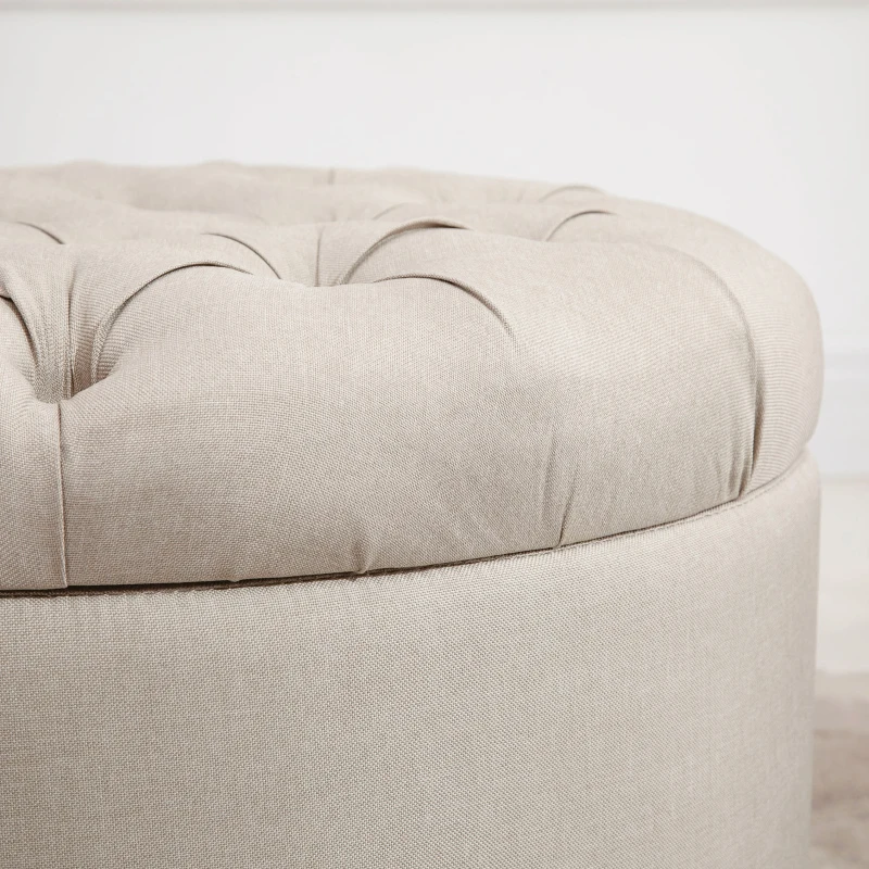 HOMCOM Round Linen-touch Fabric Storage Footstool Ottoman Button Tufted Footrest with Removable Lid, Beige