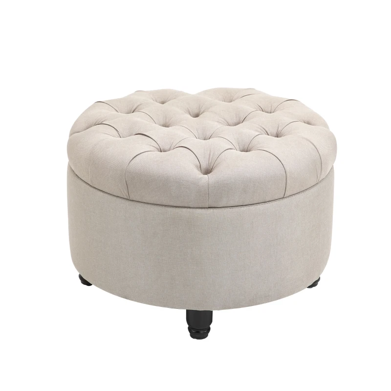 HOMCOM Round Linen-touch Fabric Storage Footstool Ottoman Button Tufted Footrest with Removable Lid, Beige